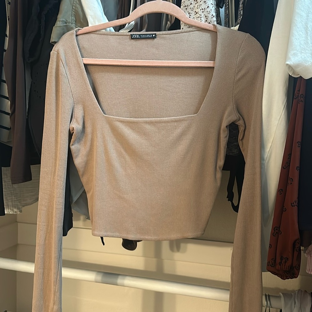 ZARA ribbed square neck top in tan/light brown
